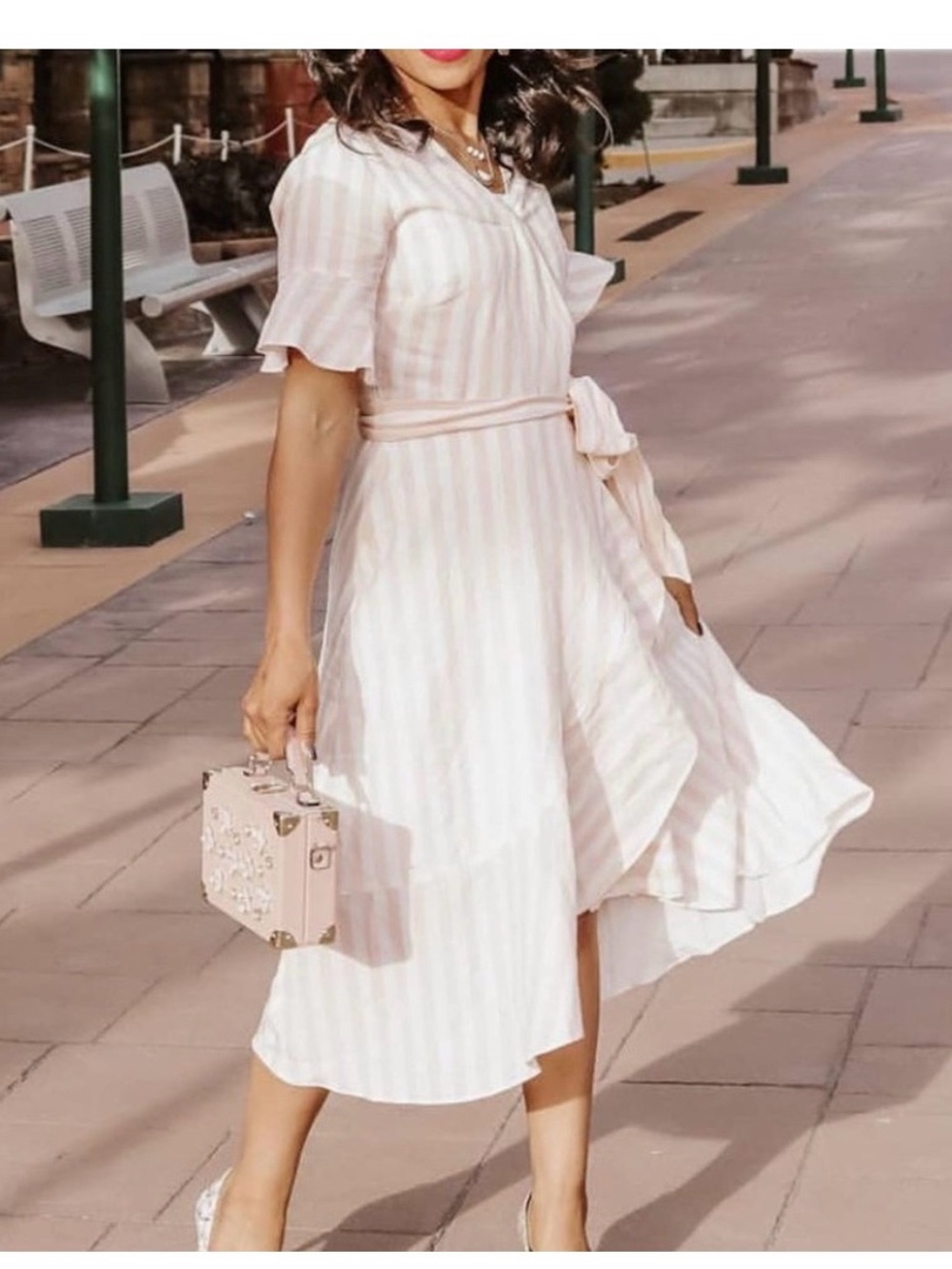 Rachel Parcell Light Pink & White Striped Tie-Waist Midi Dress